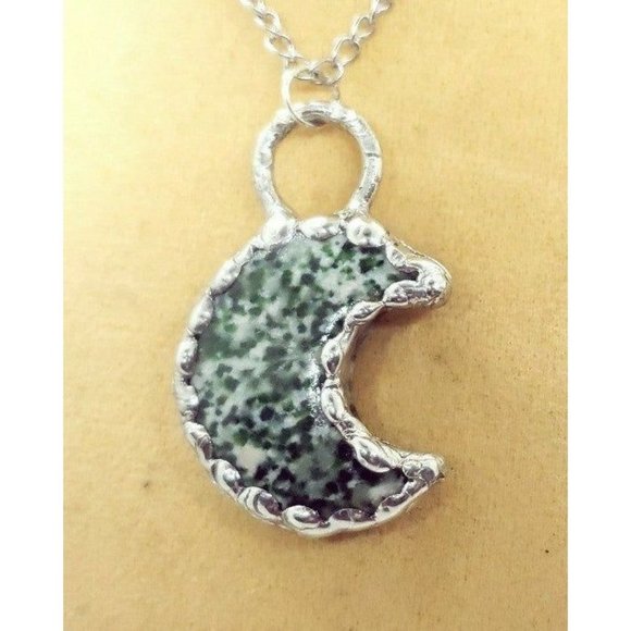 Green spotted jade moon shaped crystal Necklace handmade - Picture 1 of 12